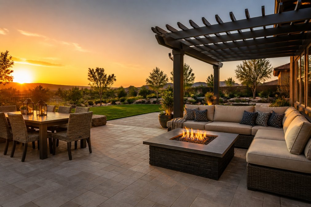 Diagram illustrating zoning and flow for a patio with a fire pit, dining area, and pergola shade structure.