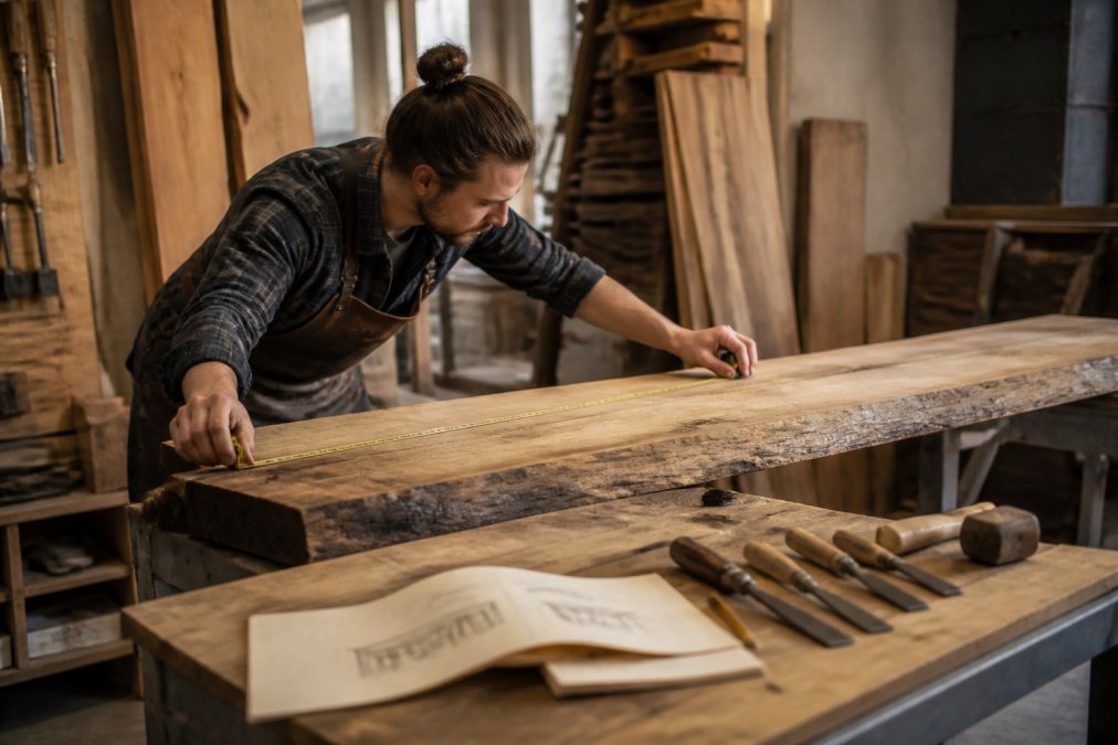 A craftsman in a woodshop measuring a large plank of reclaimed wood with a tape measure, design sketches and chisels visible on the workbench in the foreground, warm workshop lighting