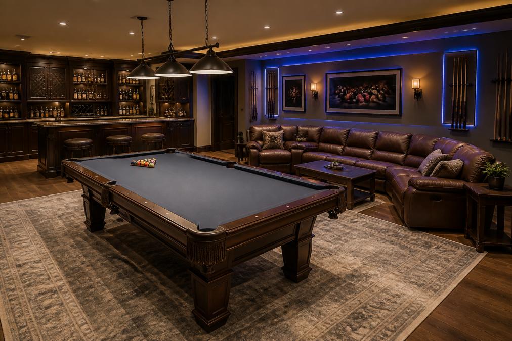 A well-appointed game room featuring a pool table with professional overhead lighting, comfortable leather sectional seating, ambient neon accents on the walls, and polished wood cabinetry