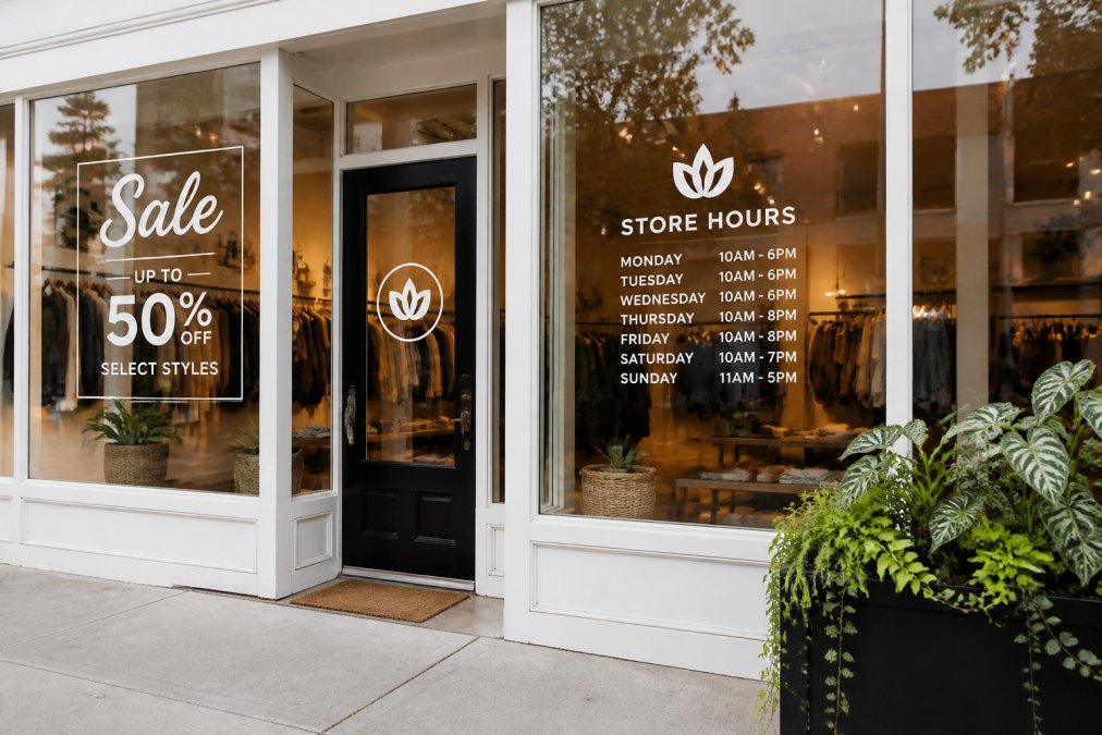 A small retail storefront with large, clear window decals showing store hours, a sale promotion, and the shop's logo, viewed from the sidewalk during daytime
