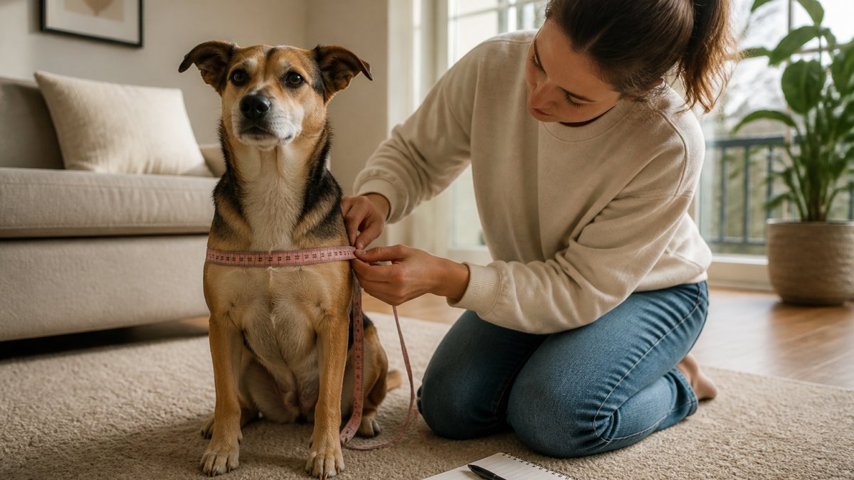 A person kneeling on a living room floor with a soft measuring tape gently wrapped around a calm medium-sized dog's chest, a notebook and pen resting on the rug nearby, warm afternoon light coming through a window