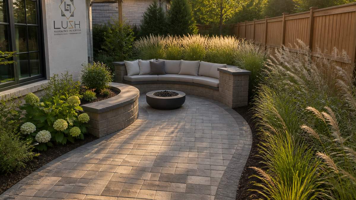 Curved paver patio with built-in corner seating and ornamental grasses in one of many odd shaped backyards