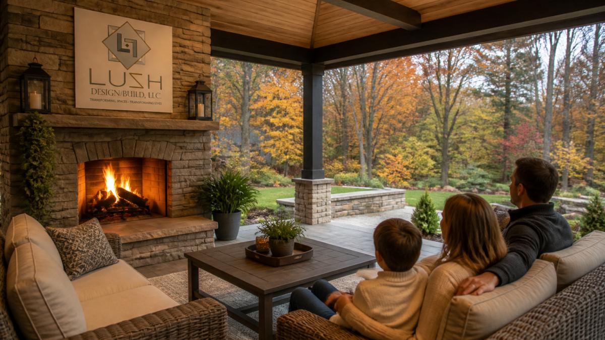 Family relaxing by a stone fireplace on a covered porch, designing outdoor spaces for year round use.