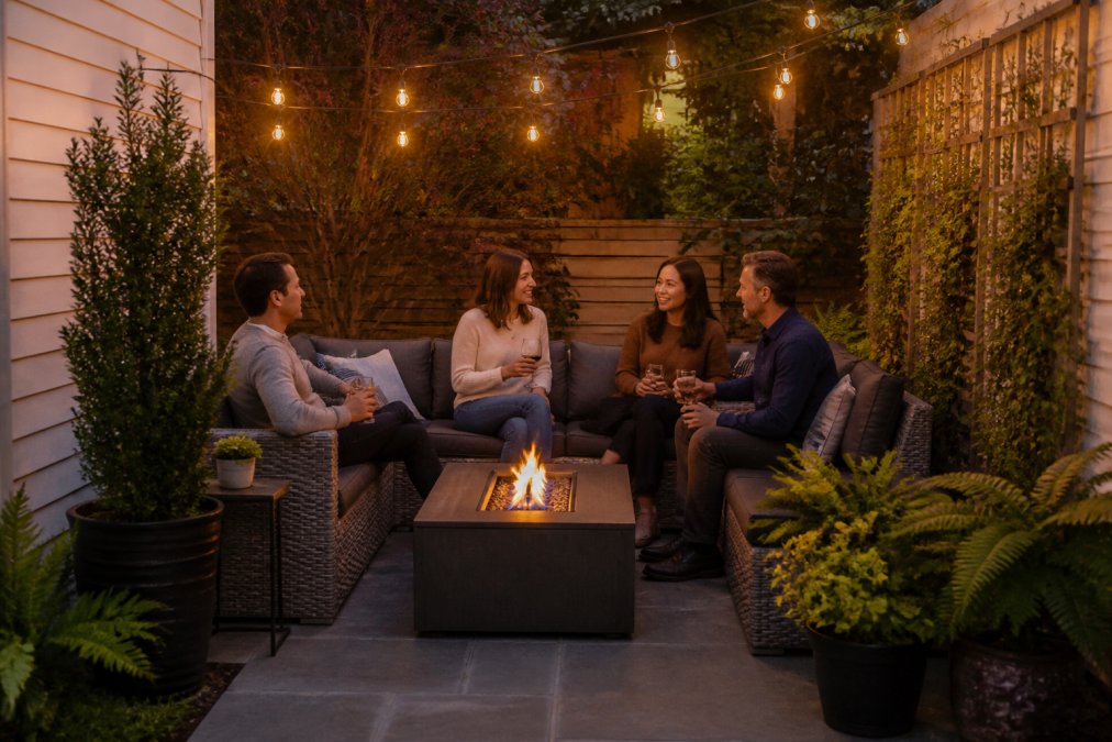 A compact backyard patio at dusk with a modular gray wicker conversation set arranged in an L-shape around a low fire pit table, string lights overhead, potted plants defining the edges of the space