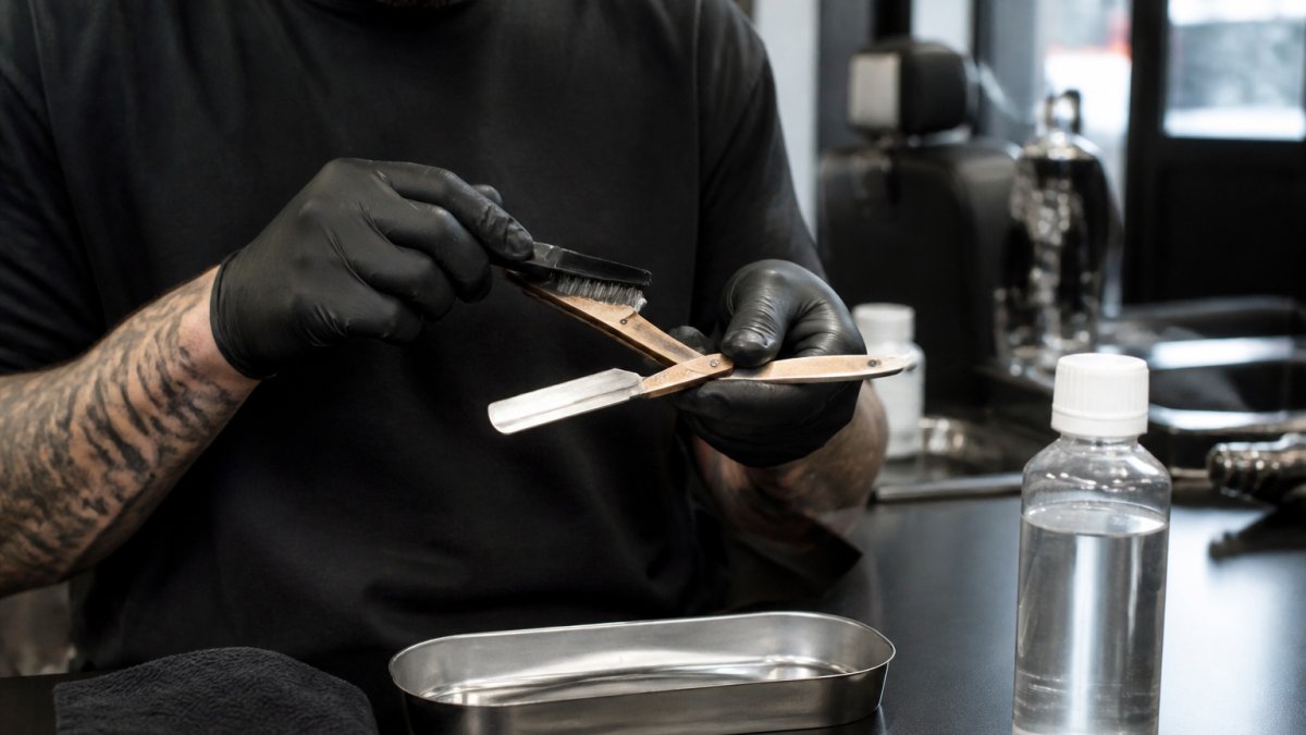 Professionnel barbier désinfectant un rasoir coupe-chou avec une brosse fine et une solution alcoolisée, montrant clairement la lame, le manche et le pivot dans un cadre de barbershop moderne avec éclairage naturel