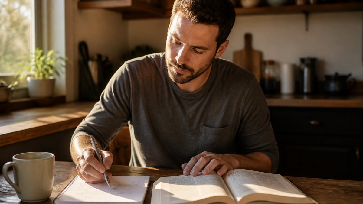 Diagram illustrating a personal growth process with a man studying at a desk to identify the right resources.