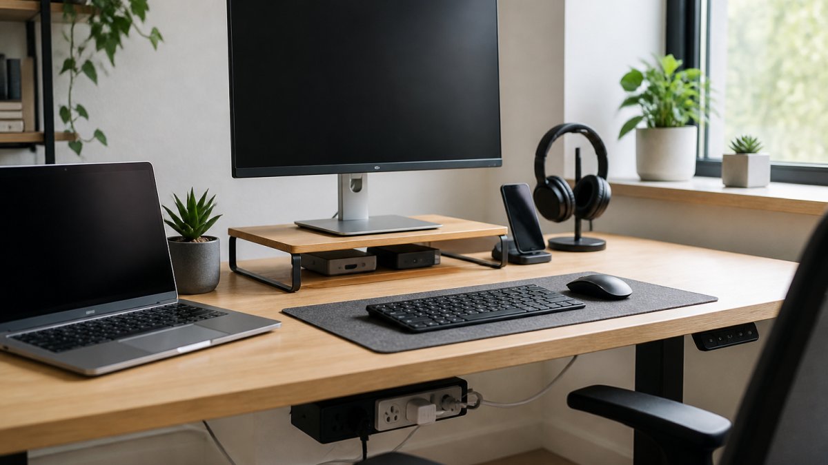 Professional home office desk with monitor, keyboard, laptop, and neatly organized power solutions integrated without visible clutter, natural window lighting