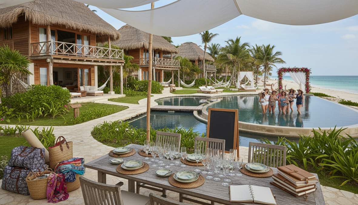 Grupo grande de mujeres riendo y brindando con cócteles de colores en un beach club de lujo con camas balinesas y vista al océano en Tulum, bajo luz cálida de tarde
