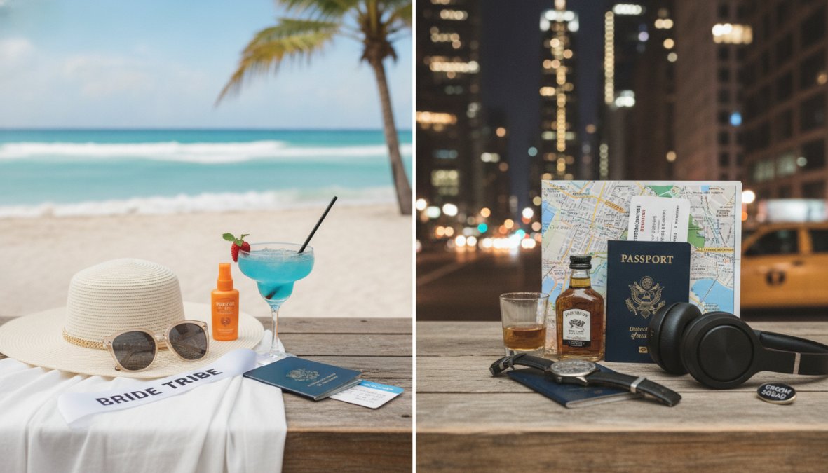 Grupo de amigos celebrando en una playa tropical con agua turquesa, sosteniendo bebidas de colores y riendo bajo el sol en Cancún, luz dorada de atardecer