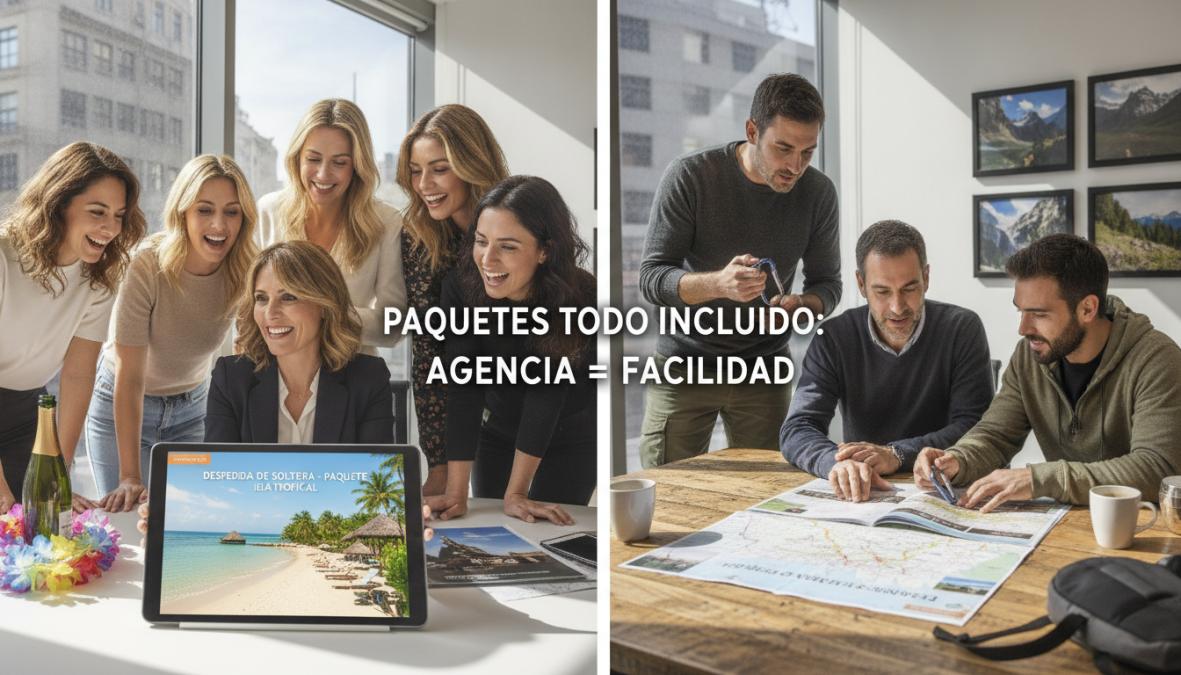 Agente de viajes mostrando un itinerario personalizado en tablet a un grupo de amigos sonrientes en una oficina moderna y luminosa, con mapas y folletos de destinos en la mesa