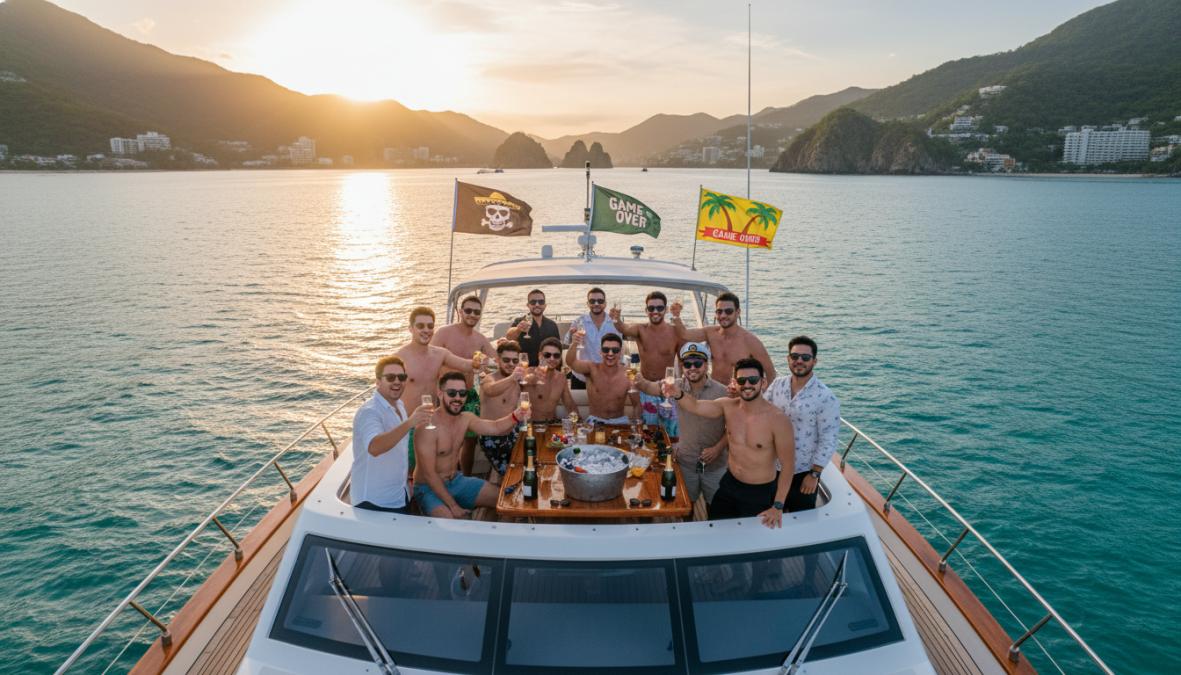 Grupo de amigos celebrando en la cubierta de un yate privado en la bahía de Banderas, Puerto Vallarta, con bebidas en mano, océano azul y montañas verdes al fondo, bajo un cielo soleado
