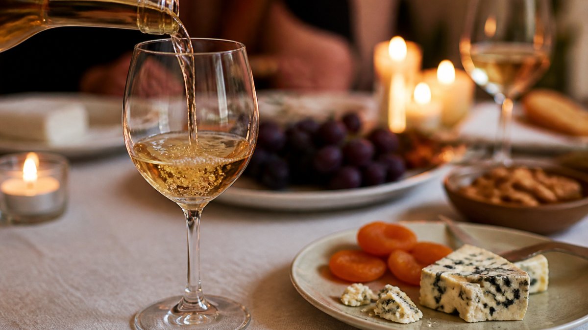 Infographic illustrating the step-by-step process for serving chilled dessert wine with blue cheese and dried apricots