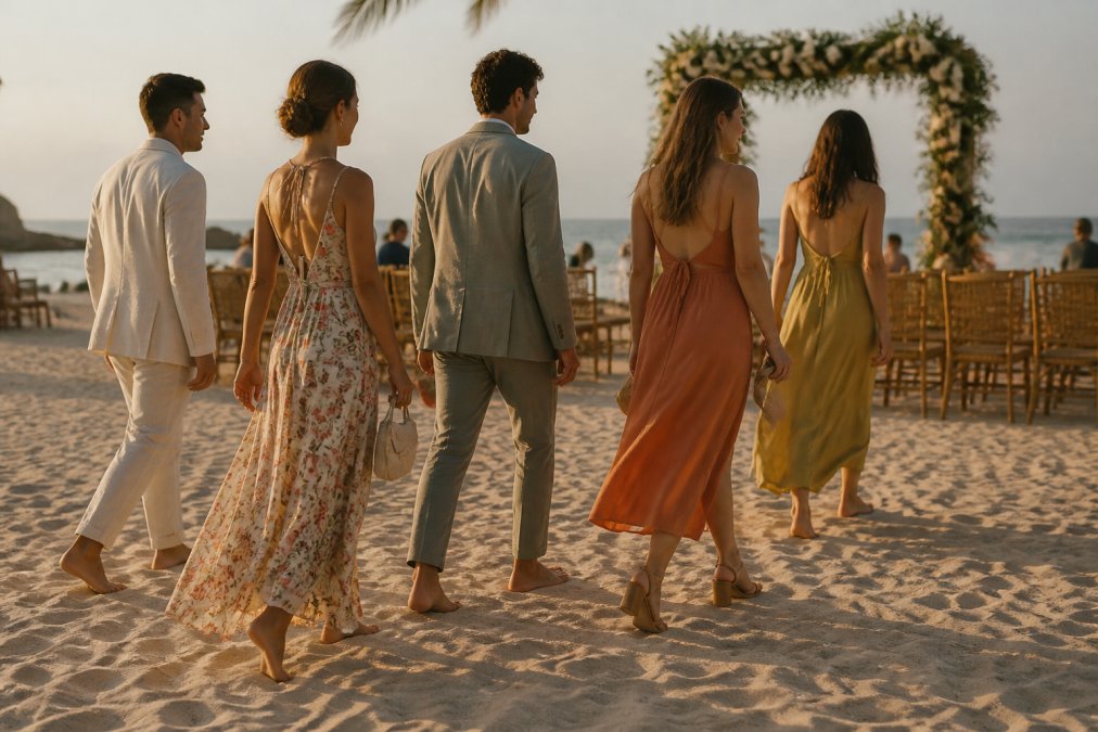 A group of wedding guests in elegant beach attire walking barefoot and in block heels across warm sand at golden hour, with a seaside ceremony setup in the background