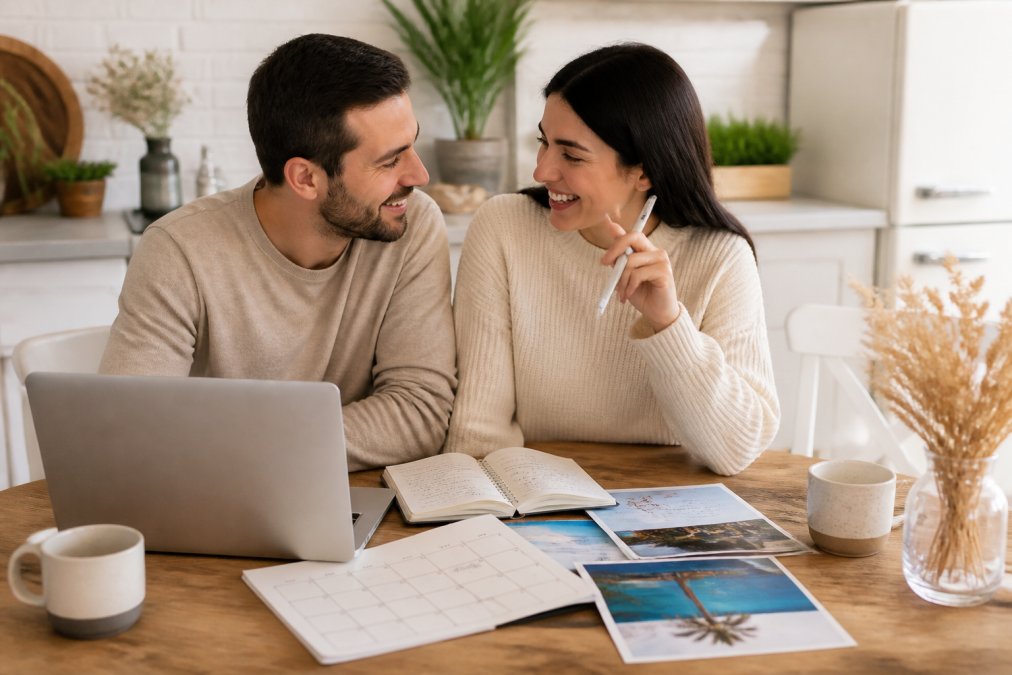 Engaged couple sitting at a kitchen table with a laptop, calendar, and notebook, discussing their destination wedding plans with coffee cups nearby
