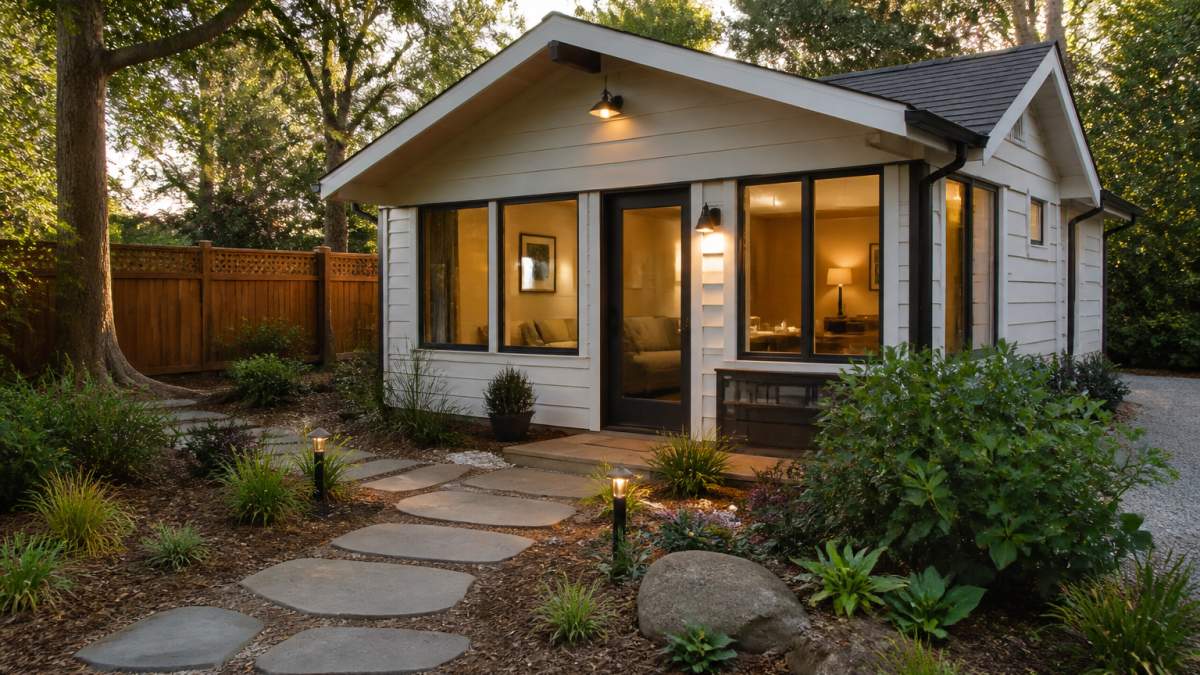 A detached backyard cottage ADU with large windows and a private entrance, surrounded by landscaping and a stone pathway, photographed in warm afternoon light