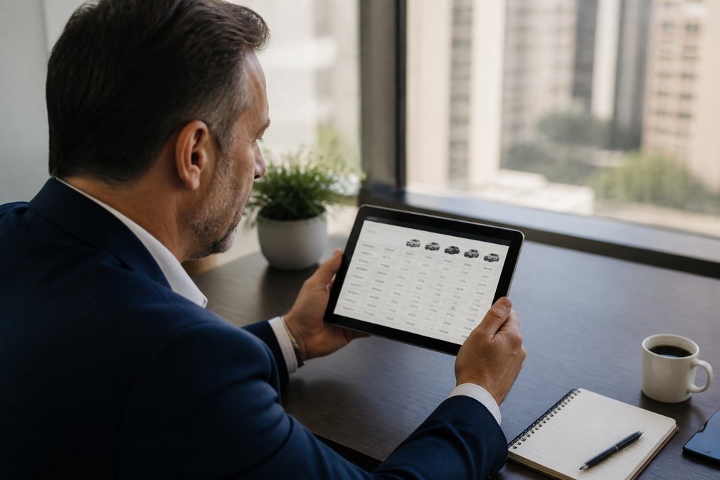 A corporate travel manager in a navy blazer reviewing a tablet showing a car service comparison at a modern office desk, notebook and coffee cup nearby, soft morning window light