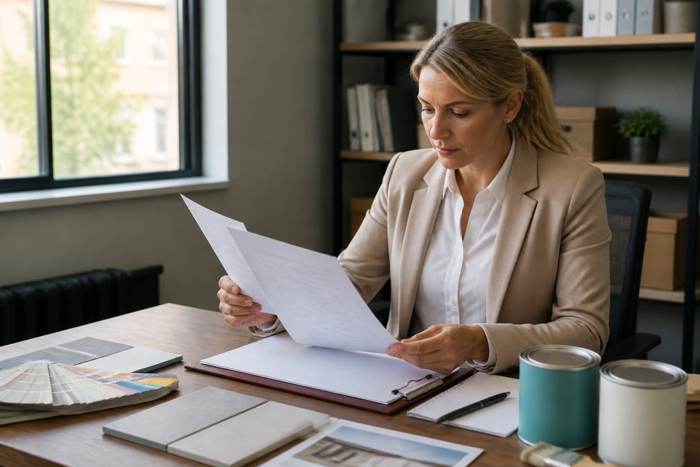 Property manager reviewing a detailed painting proposal document at a desk with contractor notes and paint samples nearby, natural office lighting