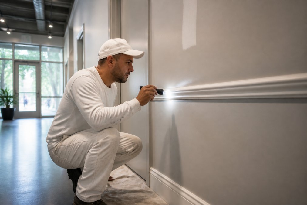 Professional painter inspecting a commercial building's interior walls and trim before beginning a project, examining surface conditions with a flashlight
