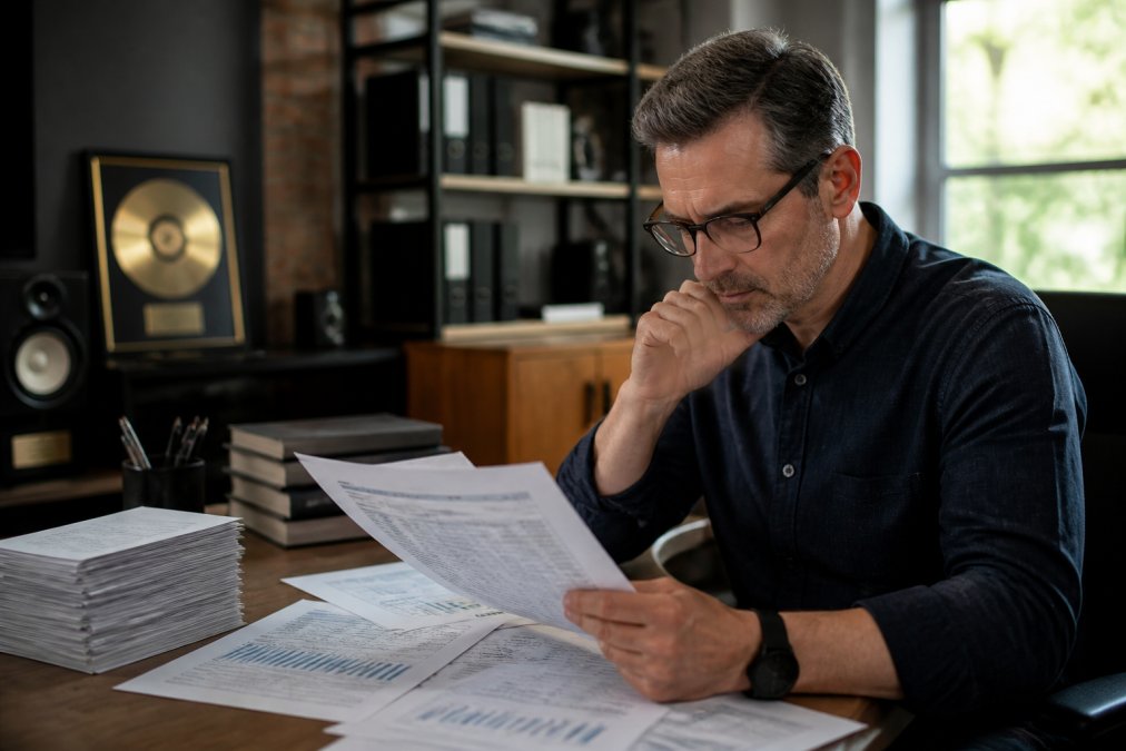Label manager reviewing detailed royalty reports on a desktop computer with financial data visible on screen, professional office setting with charts and documents nearby