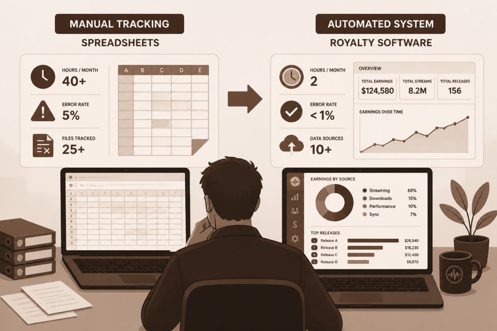 Music producer or label owner comparing spreadsheets on a laptop with modern software dashboard, showing the transition from manual tracking to automated systems