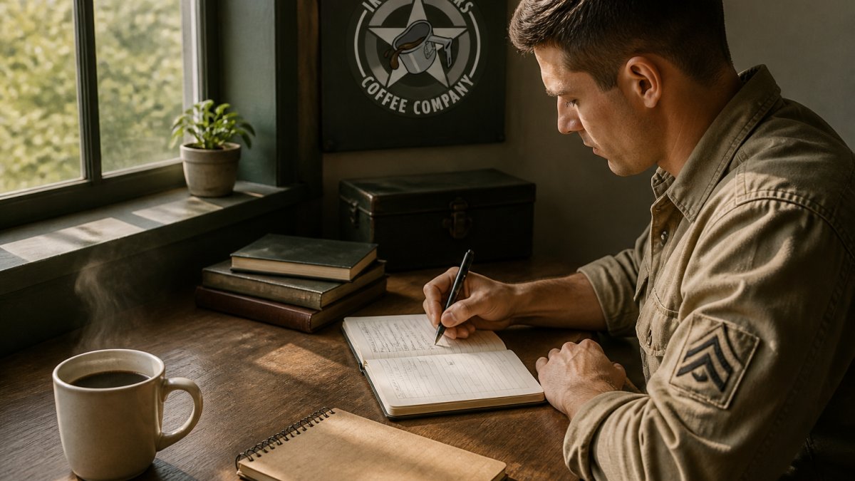 Person writing notes on energy and sleep patterns while drinking coffee at a desk in morning light