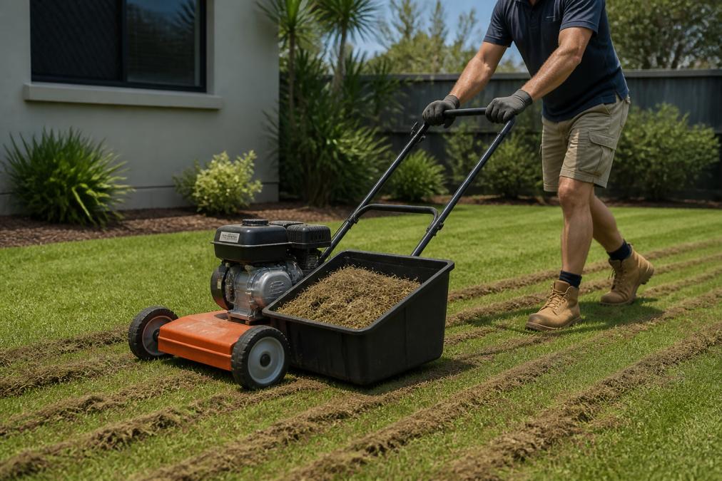Homeowner operating a dethatcher across a residential lawn on a clear morning, loose thatch visible in the machine's collection tray, showing the typical DIY setup