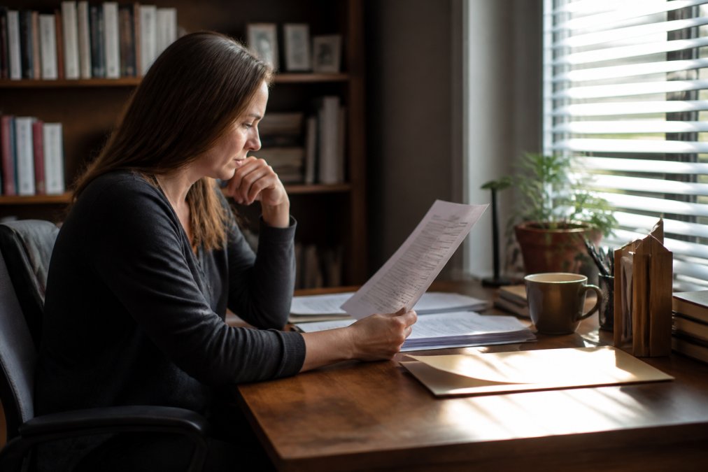 A person in a quiet home office reviewing a printed divorce complaint form beside a coffee mug, soft morning light through window blinds