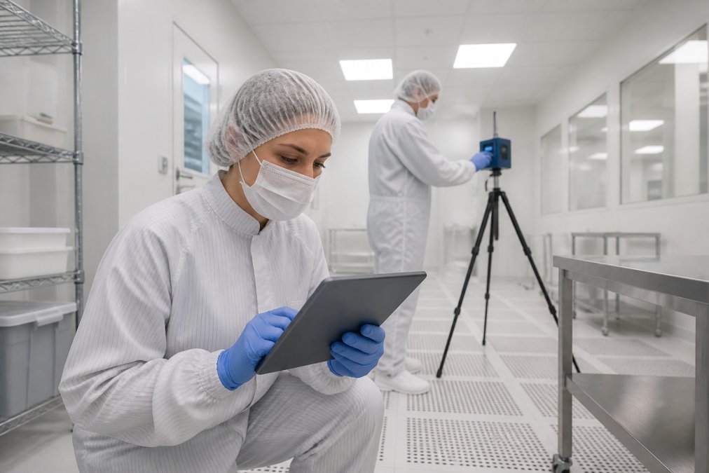 A quality assurance officer in a cleanroom gown reviewing a qualification protocol on a tablet while a colleague checks a particle counter nearby, bright overhead lighting