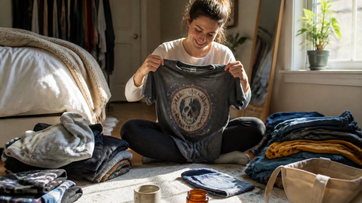 Person sitting on a bedroom floor holding a favorite vintage graphic tee surrounded by clothes
