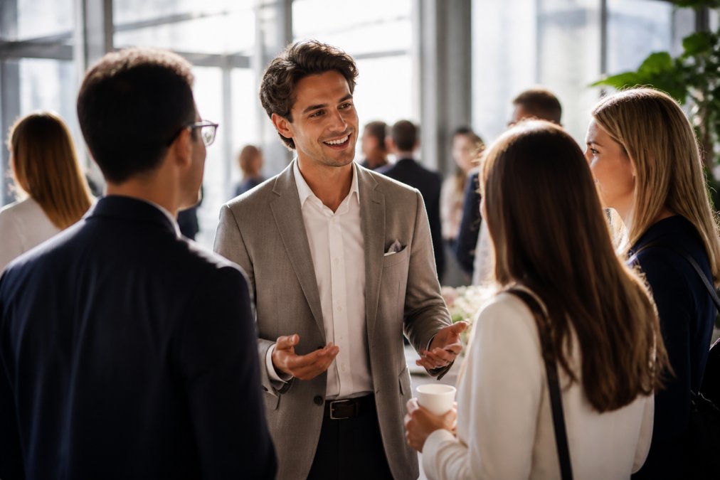 A young professional smiling warmly while introducing themselves to a small group at a networking event in a bright, modern venue, with relaxed body language and open posture