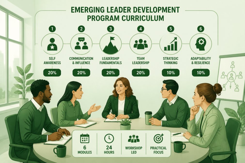 Group of emerging leaders sitting around a conference table during a professional development workshop, engaged in active discussion with a facilitator taking notes, natural office lighting streaming through windows