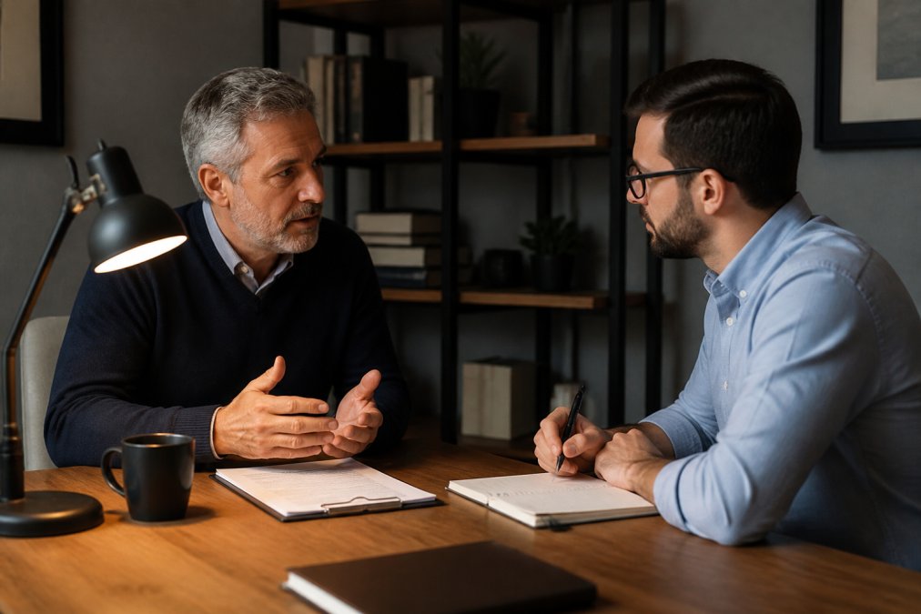 Senior manager and emerging leader having an intense one-on-one coaching conversation in a quiet office setting, with development plans and notes visible on the desk between them, warm lighting from desk lamp