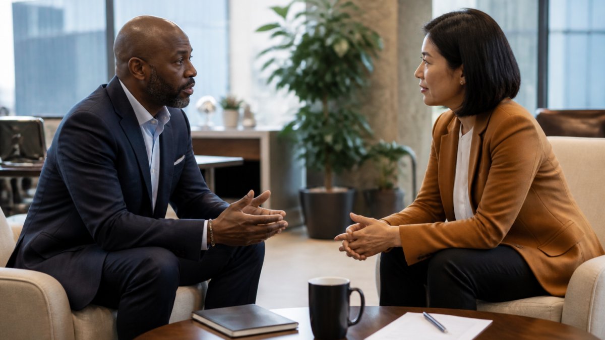 Senior leader in one-on-one coaching conversation with direct report, sitting face-to-face in modern office, both engaged and focused on conversation