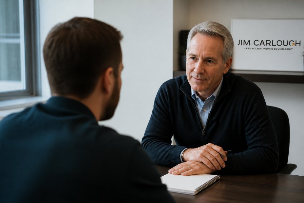Senior leader sitting across from a team member in a quiet office, leaning forward with full attention, making direct eye contact, with open body posture and a notepad visible on the desk