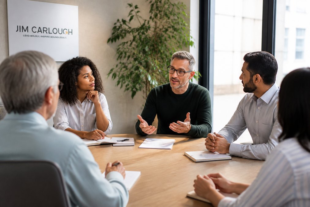 Diverse group of professionals in a meeting room, with one leader speaking thoughtfully to the group while others listen with engaged expressions and open body language