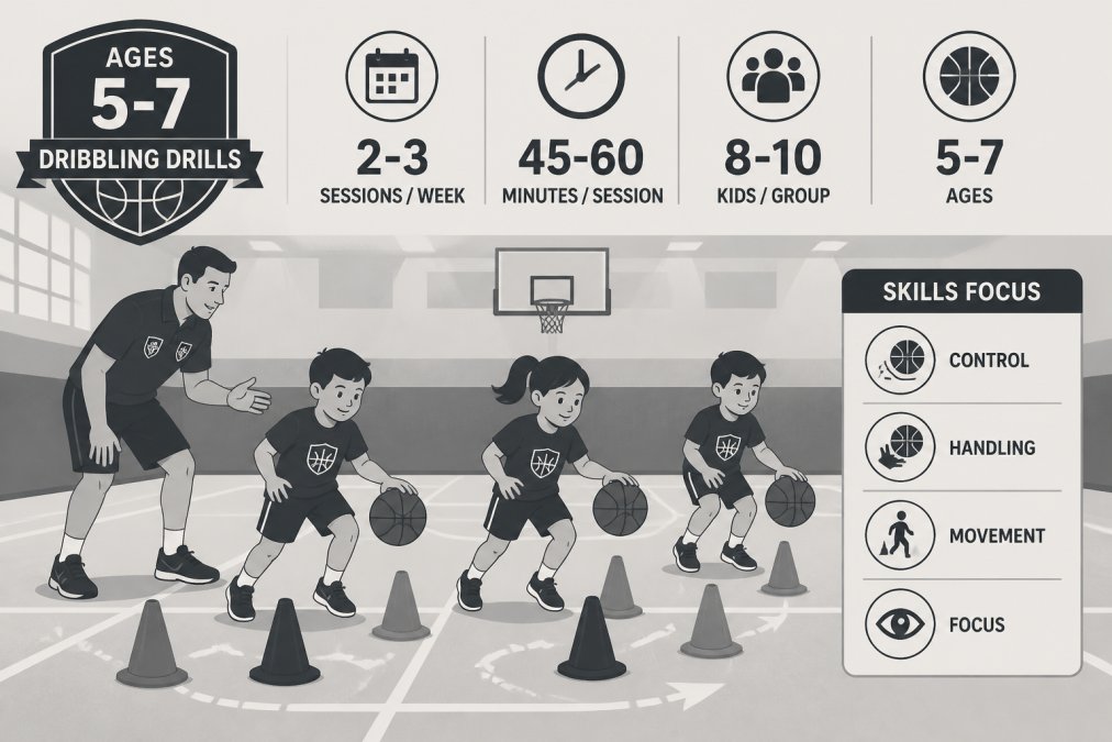 Young children aged 5-7 practicing dribbling drills on an indoor basketball court under the guidance of a coach, with colorful cones set up as markers and bright gymnasium lighting overhead