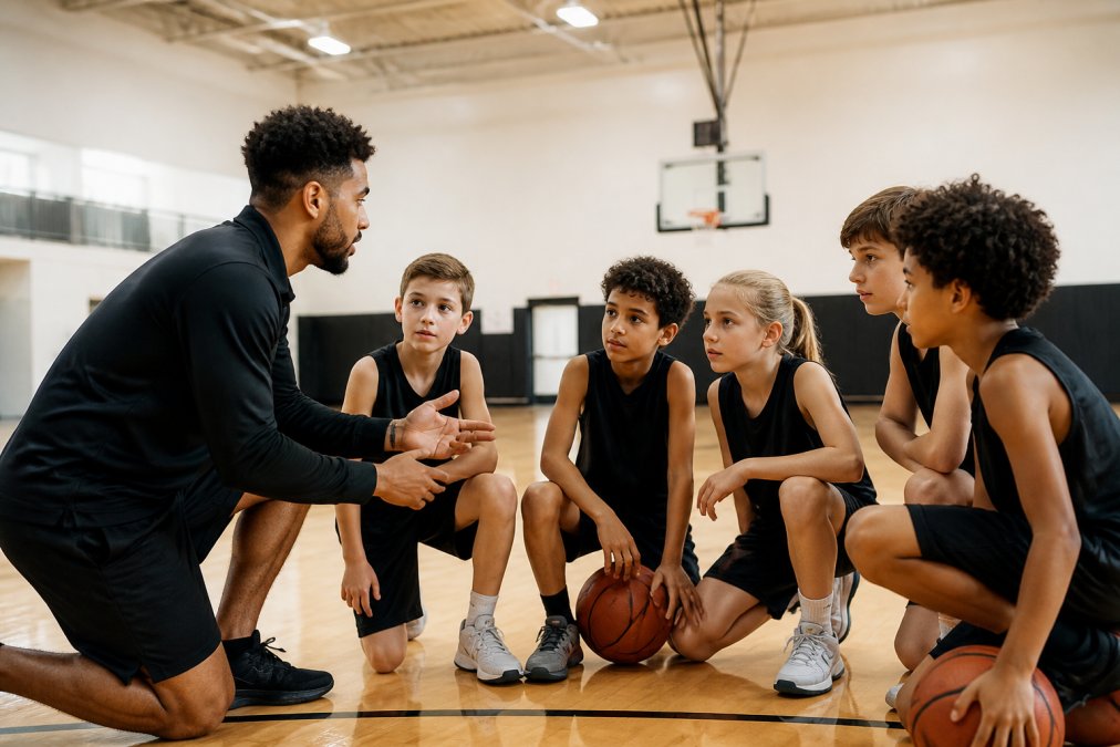 A youth basketball coach kneeling on a court to talk with a small group of kids aged 8-12, all wearing matching jerseys and listening attentively in a bright gymnasium with hardwood floors and overhead lighting