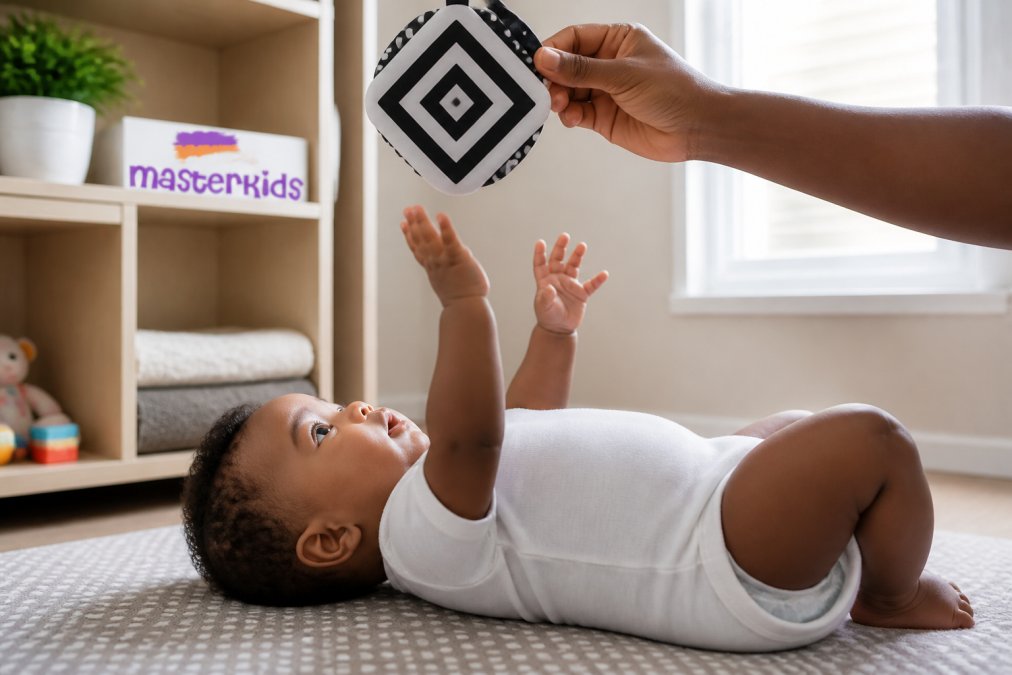 Newborn baby lying on back during tummy time, reaching towards a high-contrast black and white geometric pattern toy held above, with soft natural window lighting illuminating focused facial expression
