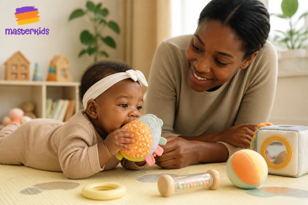 Parent and baby sitting together on soft play mat, baby reaching toward and mouthing textured soft toy while parent watches, warm indoor lighting with natural daylight