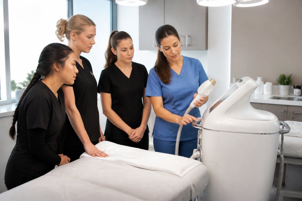Clinical trainer providing device consulting to aesthetic nurses using a laser platform in a modern clinic