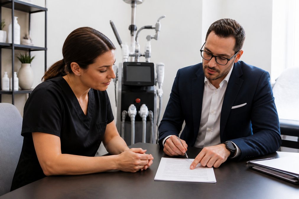 A clinic manager and a medical device representative reviewing a laser equipment service contract at a desk in a bright treatment room, a multi-modality laser platform visible in the background