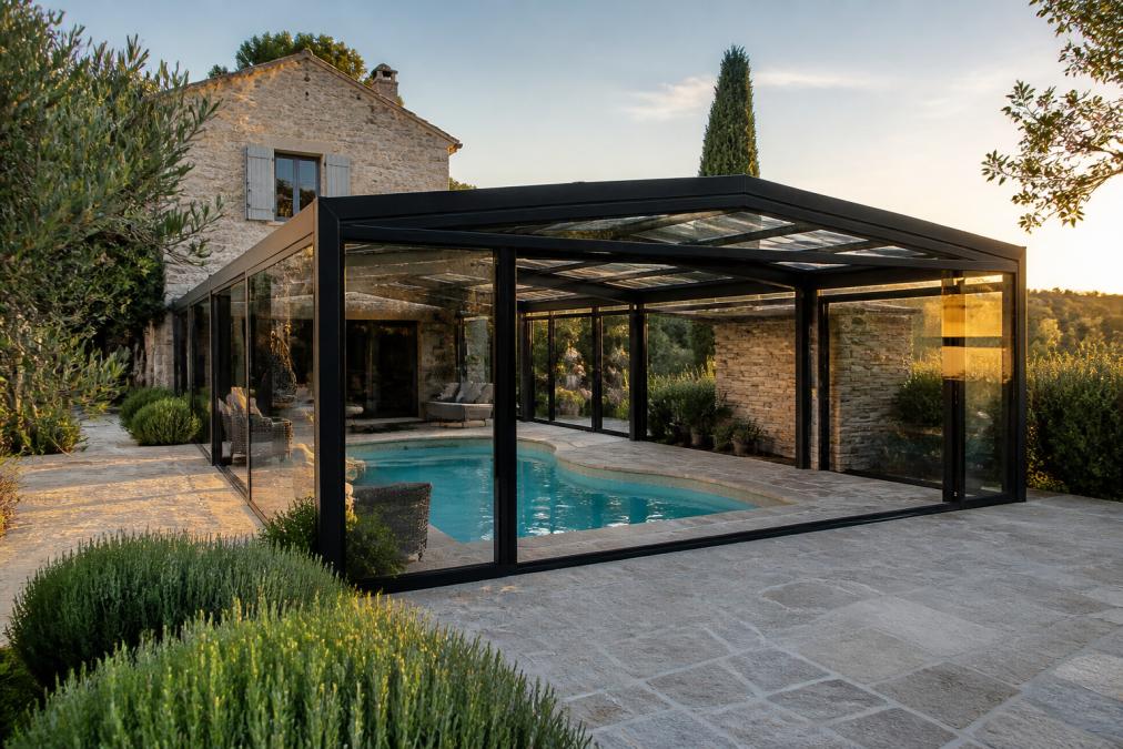 Abri de piscine haut en aluminium et verre trempé installé sur une terrasse en pierre, piscine au bassin irrégulier et maison ancienne en pierre en arrière-plan, lumière chaude de fin d'après-midi