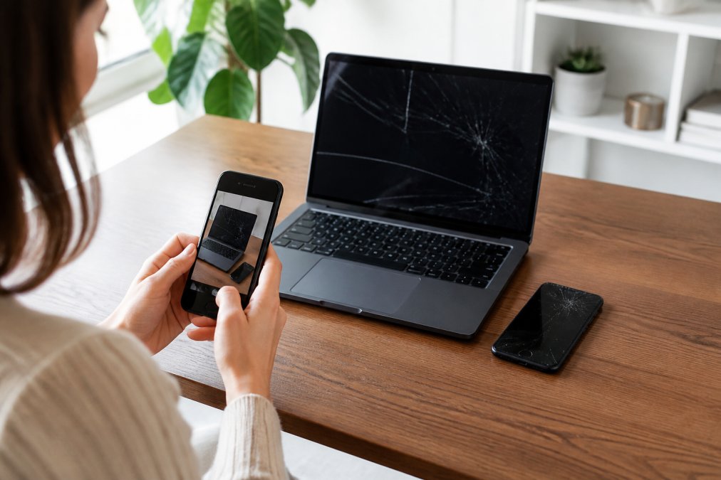 Pessoa a fotografar smartphone e portátil com defeito para documentar a devolução eletrónica defeito em casa.