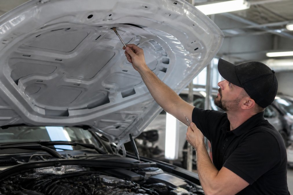 A certified PDR technician using a slender metal rod tool to carefully massage a hail dent from the underside of a car hood inside a bright, well-lit auto body shop with fluorescent overhead lighting