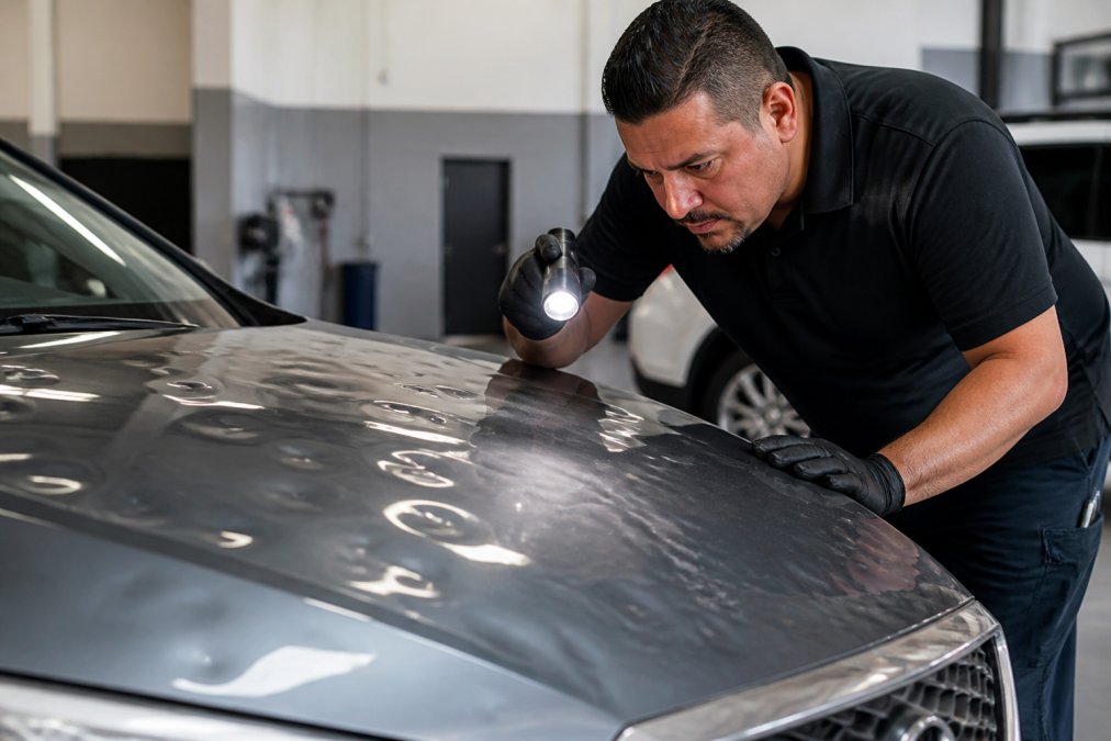 Close-up of a hail-damaged car hood with visible dents, a technician in uniform inspecting the surface with a flashlight in a well-lit auto shop