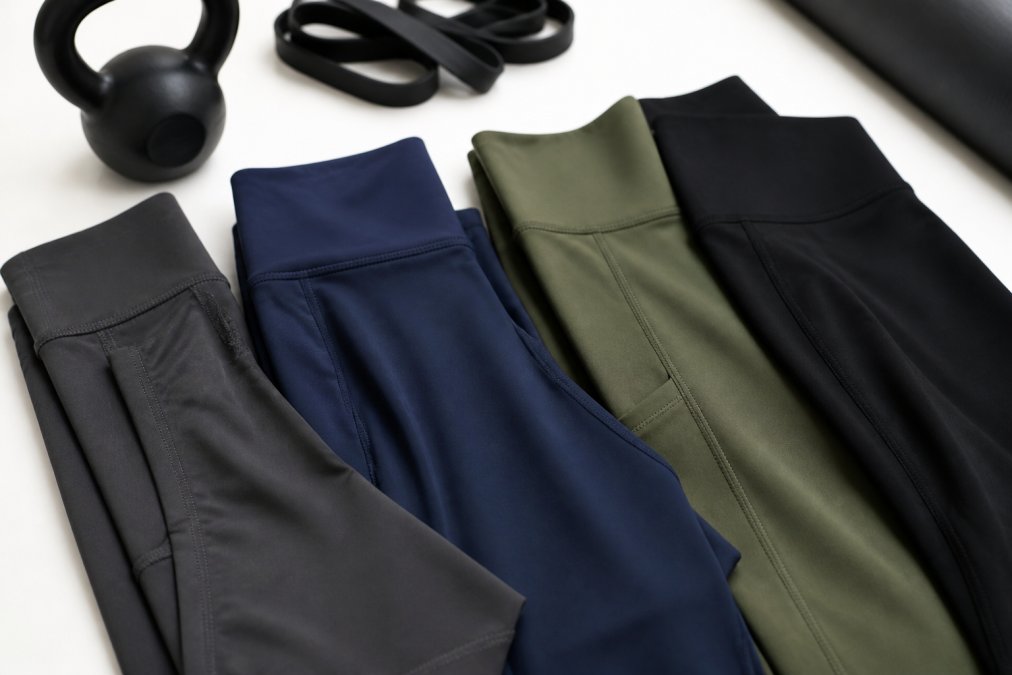 A flat lay of four different high-performance activewear leggings in charcoal, navy, olive, and black, neatly arranged on a clean white surface with a kettlebell and resistance bands blurred in the background