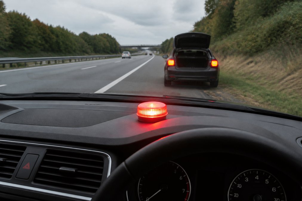 DGT 3.0 Beacon Mandatory in Spain: 2026 Compliance Guide Driver activating a V-16 emergency beacon on the dashboard of a car parked on a motorway shoulder, with hazard lights visible and the beacon glowing red