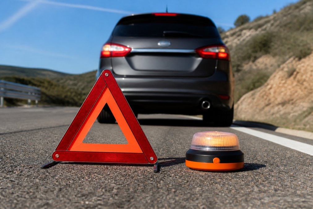 DGT 3.0 Beacon Mandatory in Spain: 2026 Compliance Guide Close-up comparison scene showing a traditional reflective warning triangle next to a modern GPS-enabled emergency beacon on a roadside, both positioned behind a stationary vehicle