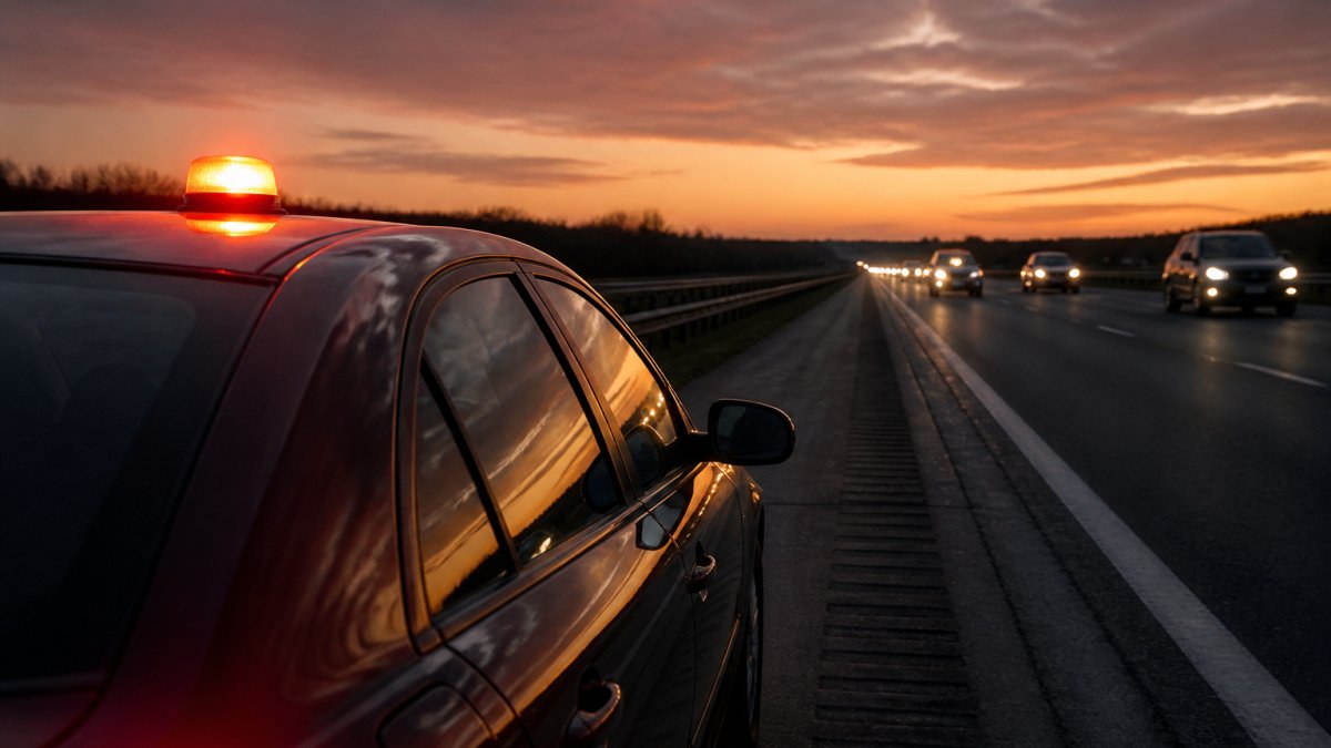 DGT 3.0 Compliance for Vehicle Safety: A 2026 Guide Motorway scene at dusk showing a stationary vehicle with hazard lights activated, a bright red V-16 beacon mounted on the roof, and approaching traffic visible in the distance with clear sightlines to the warning device