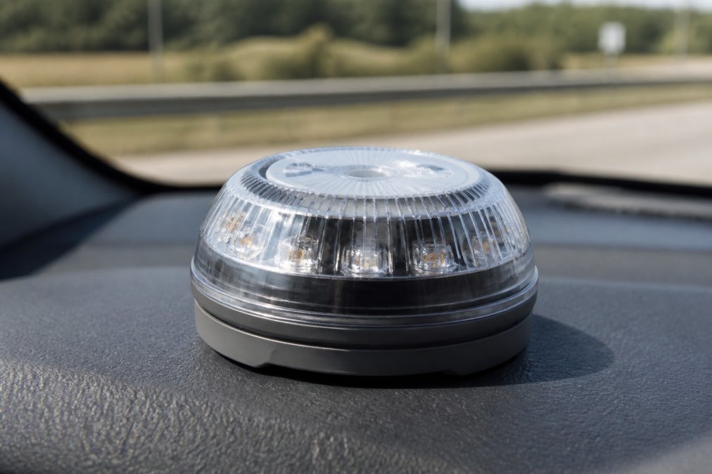 DGT 3.0 Compliant Beacon Requirements 2026 Close-up of a V-16 emergency beacon mounted on a vehicle dashboard showing its compact design with LED light array, GPS antenna, and visible technical components in natural daylight